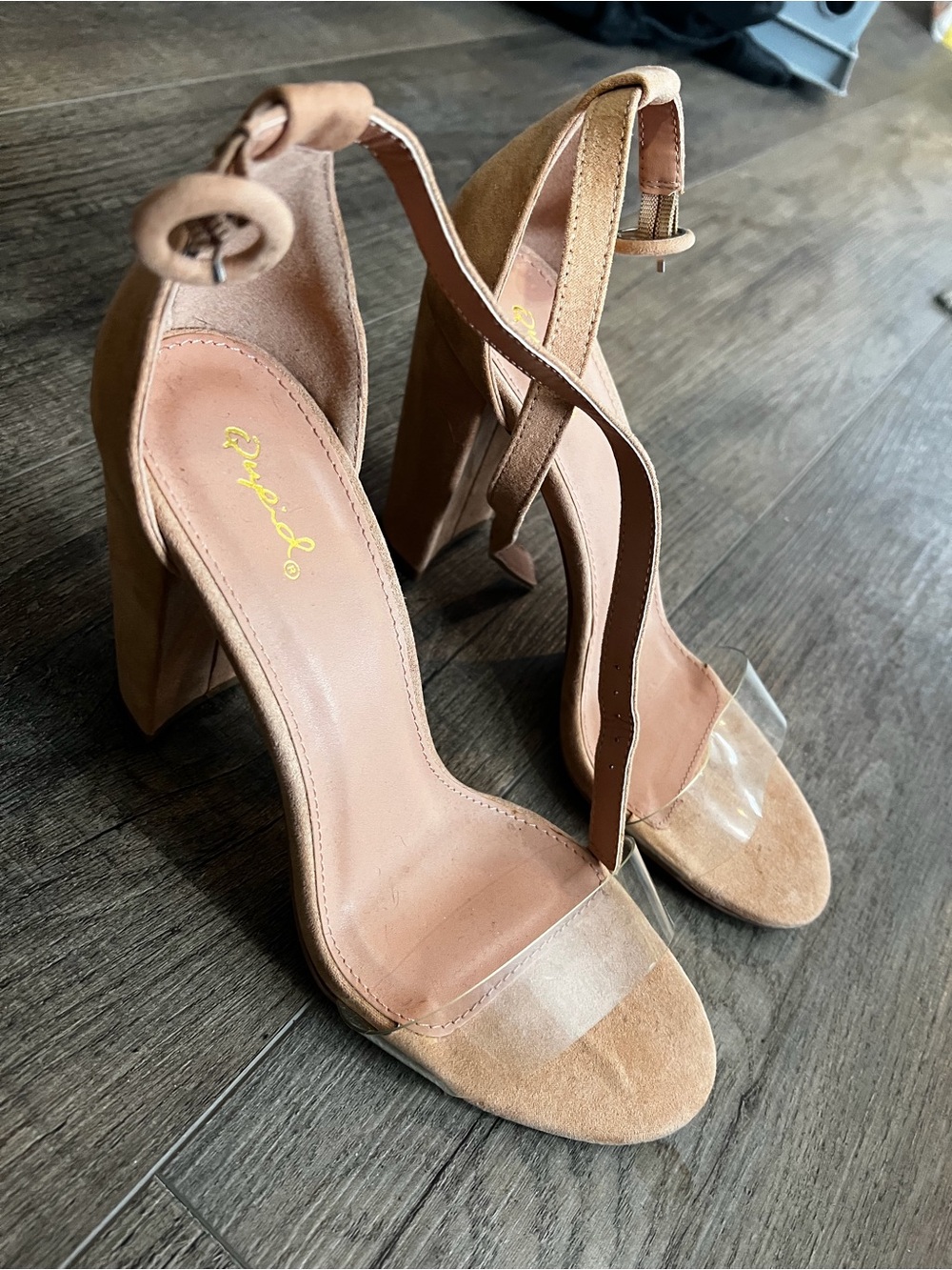 Tan Suede Block Heel Sandals with Clear Toe Strap